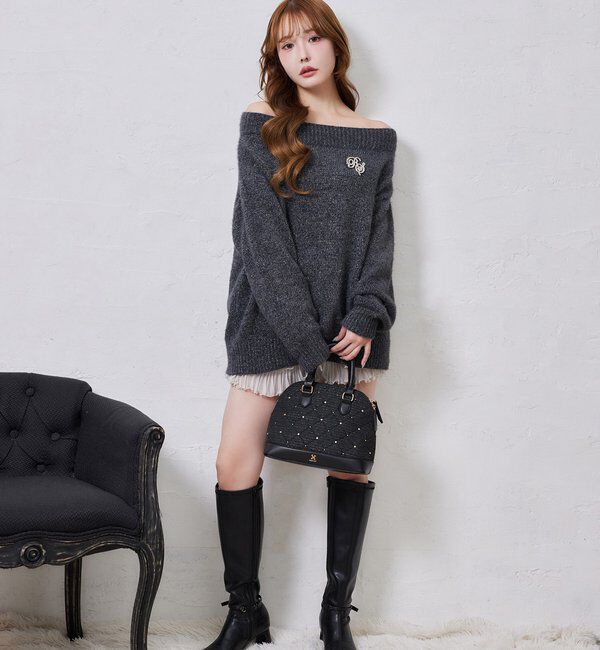  「ブローチ付きベロアモールミニニットワンピース」|ワンピース|