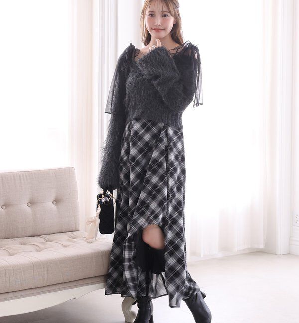  「肩リボンニットセットワンピース」|ワンピース|