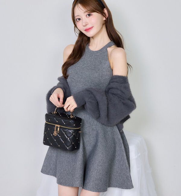  「2wayフェザーカーデSET後ろリボンニットミニワンピ」|ワンピース|チャコールグレー