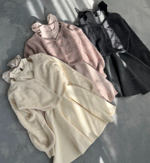  「2wayフェザーカーデSET後ろリボンニットミニワンピ」|ワンピース|