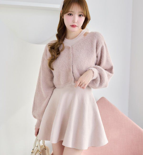  「2wayフェザーカーデSET後ろリボンニットミニワンピ」|ワンピース|