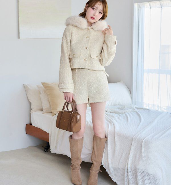  「フェイクファーフード付きツイードジャケット【セットアップ可能】」|ダウンベスト・ベスト|
