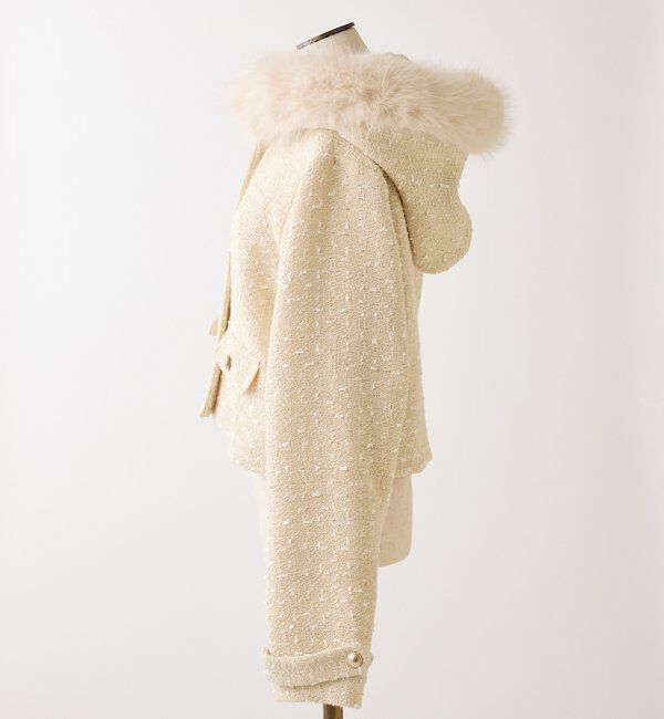  「フェイクファーフード付きツイードジャケット【セットアップ可能】」|ダウンベスト・ベスト|