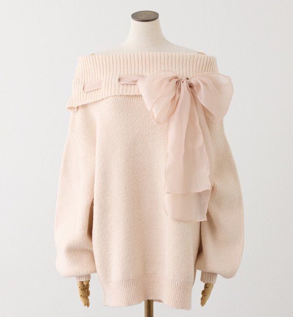  「リボン付きオフショルニットワンピ」|ワンピース|