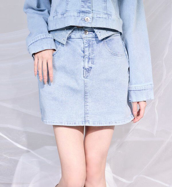  「ウェスト折り返しデニムミニスカート」|スカート|ブルー