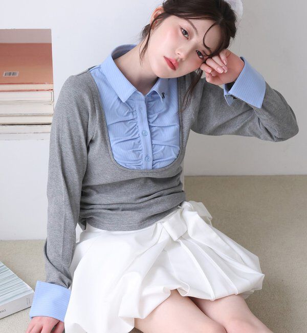  「ロゴ刺繍レイヤードトップス」|プルオーバー|グレー