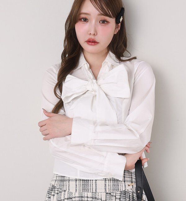 「【リボン取り外し可能】フロントギャザーボウタイシャツ」|シャツ・ブラウス|