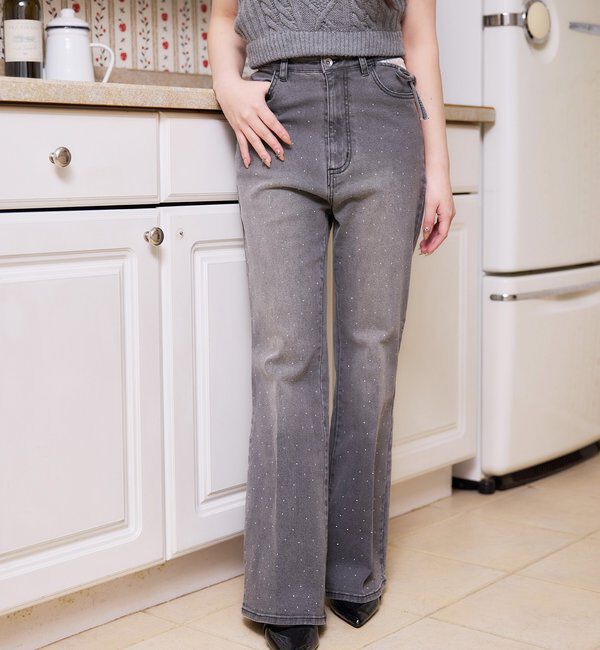  「【選べる4サイズ】サイドカットレース美脚ビジューデニム」|その他|