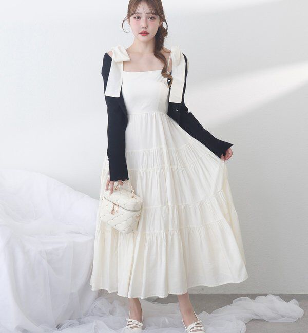  「【肩リボン取り外し可能】カーディガンセット２枚セットワンピ」|ワンピース|
