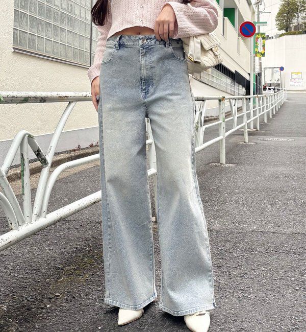  「【SSサイズあり/ウエスト調整可能】ビジュー付きワイドデニム」|その他|ブルー