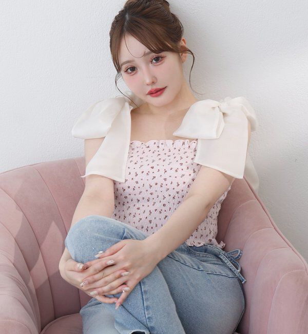  「肩リボン取り外し可能カップ付きシャーリングインナー」|プルオーバー|