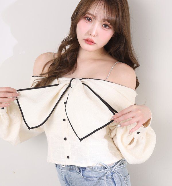  「肩ビジューリボンオフショルブラウス」|シャツ・ブラウス|