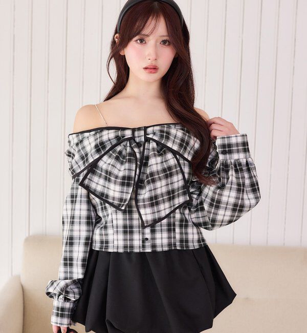  「肩ビジューリボンオフショルブラウス」|シャツ・ブラウス|ブラック系その他