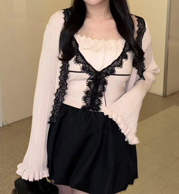  「レース付きリブカーディガン」|ニット・セーター|