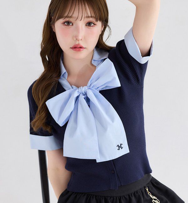  「【リボン取り外し可能】リボンシャツドッキングニット」|ニット・セーター|