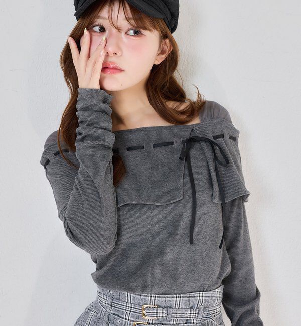  「配色リボンオフショルトップス」|プルオーバー|