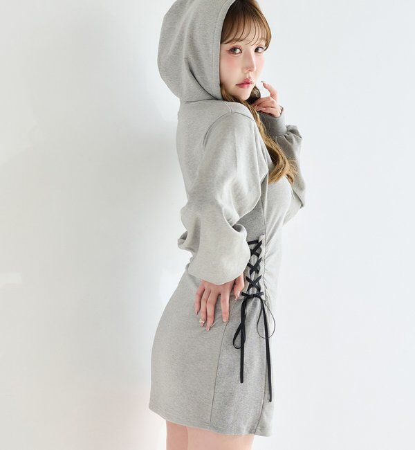  「サイドレースアップパーカーミニワンピース」|ワンピース|