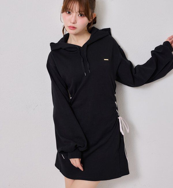  「サイドレースアップパーカーミニワンピース」|ワンピース|