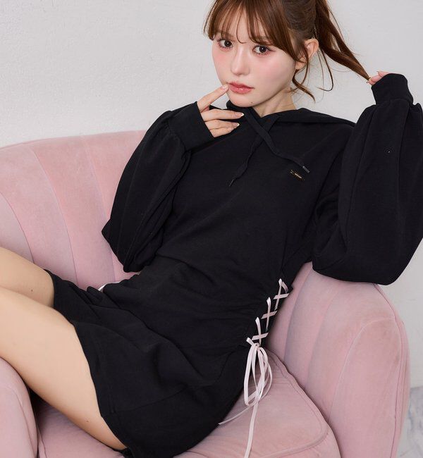  「サイドレースアップパーカーミニワンピース」|ワンピース|