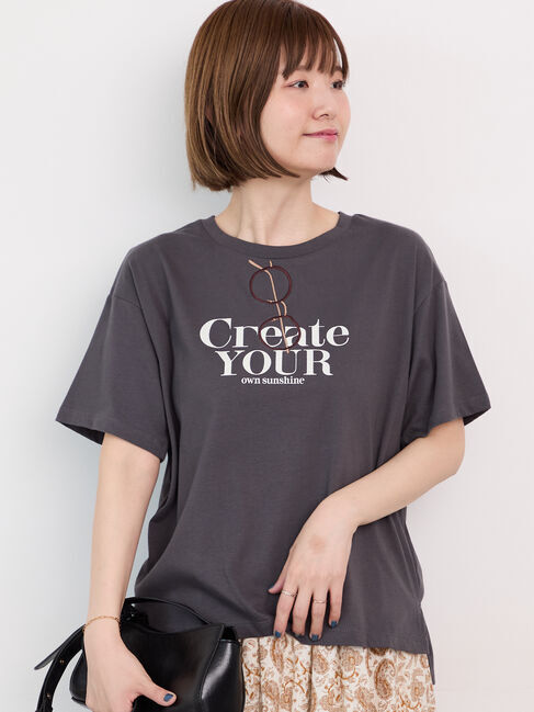 Lugnoncure「メガネ刺繍プリントTシャツ」|Tシャツ・カットソー|チャコールグレー