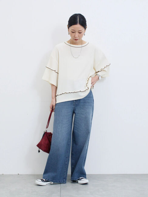 Samansa Mos2 blue「配色メローアソートプルオーバー」|Tシャツ・カットソー|