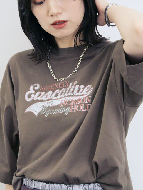 Samansa Mos2 blue「ヴィンテージ風プリントTシャツ」|Tシャツ・カットソー|ブラウン