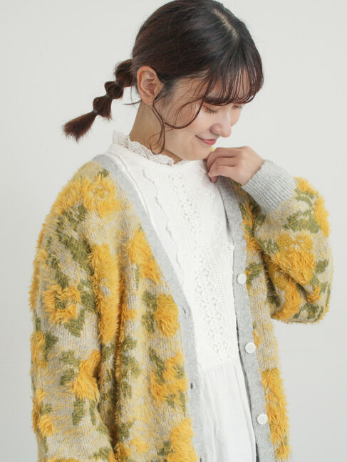 Samansa Mos2「無地・花柄シャギーVネックカーディガン」|カーディガン|グレー