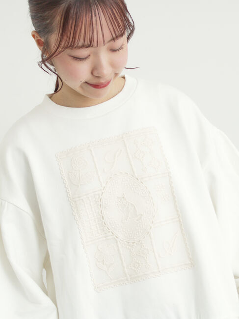 Samansa Mos2「裏毛CAT柄パーツレース付スウェット」|Tシャツ・カットソー|オフホワイト