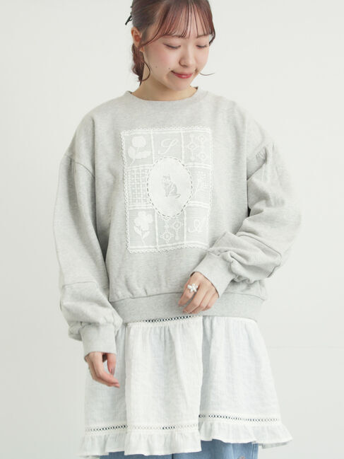 Samansa Mos2「裏毛CAT柄パーツレース付スウェット」|Tシャツ・カットソー|グレー