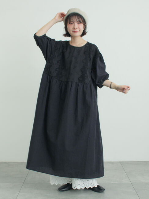 Samansa Mos2「胸元レース貼りワンピース」|ワンピース|ブラック