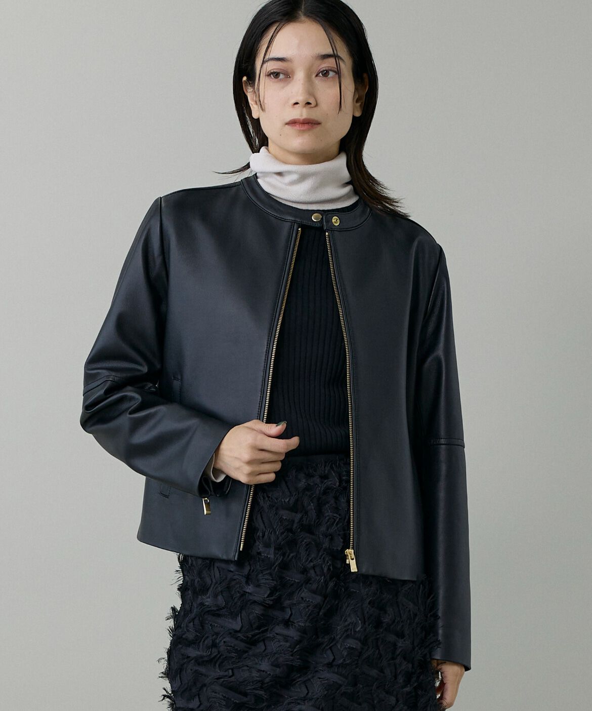 INED「《大きいサイズ》ラムレザー ジップアップブルゾン」|ライダースジャケット|ブラック