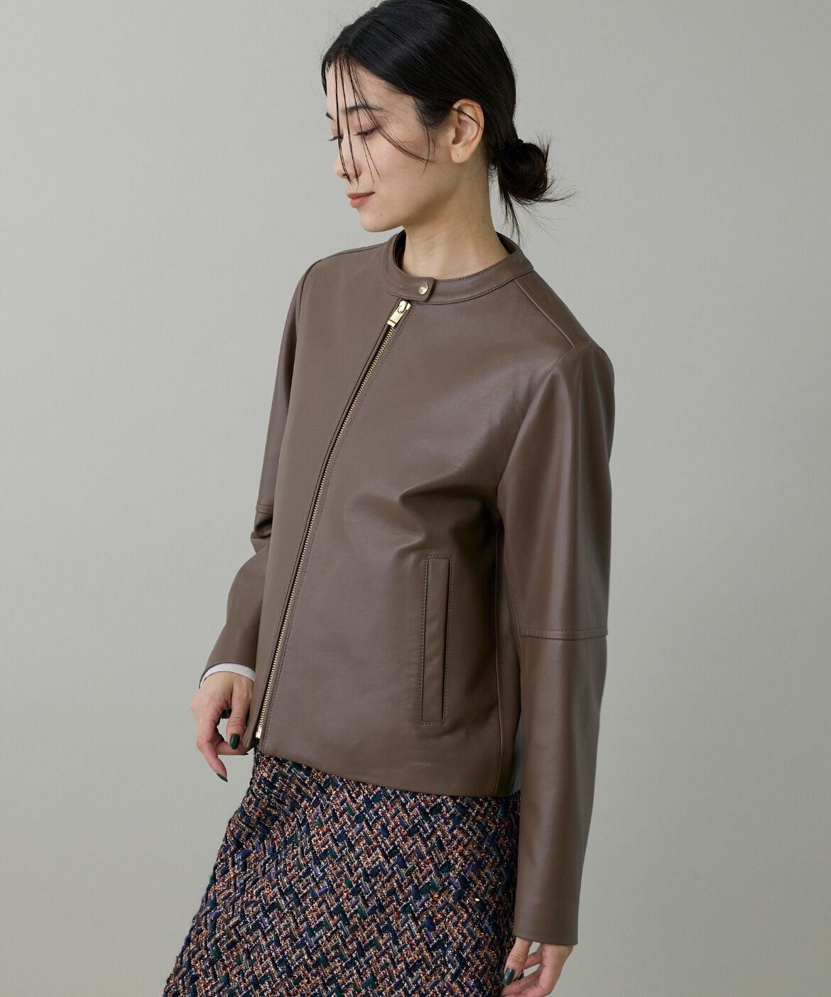 INED「《大きいサイズ》ラムレザー ジップアップブルゾン」|ライダースジャケット|