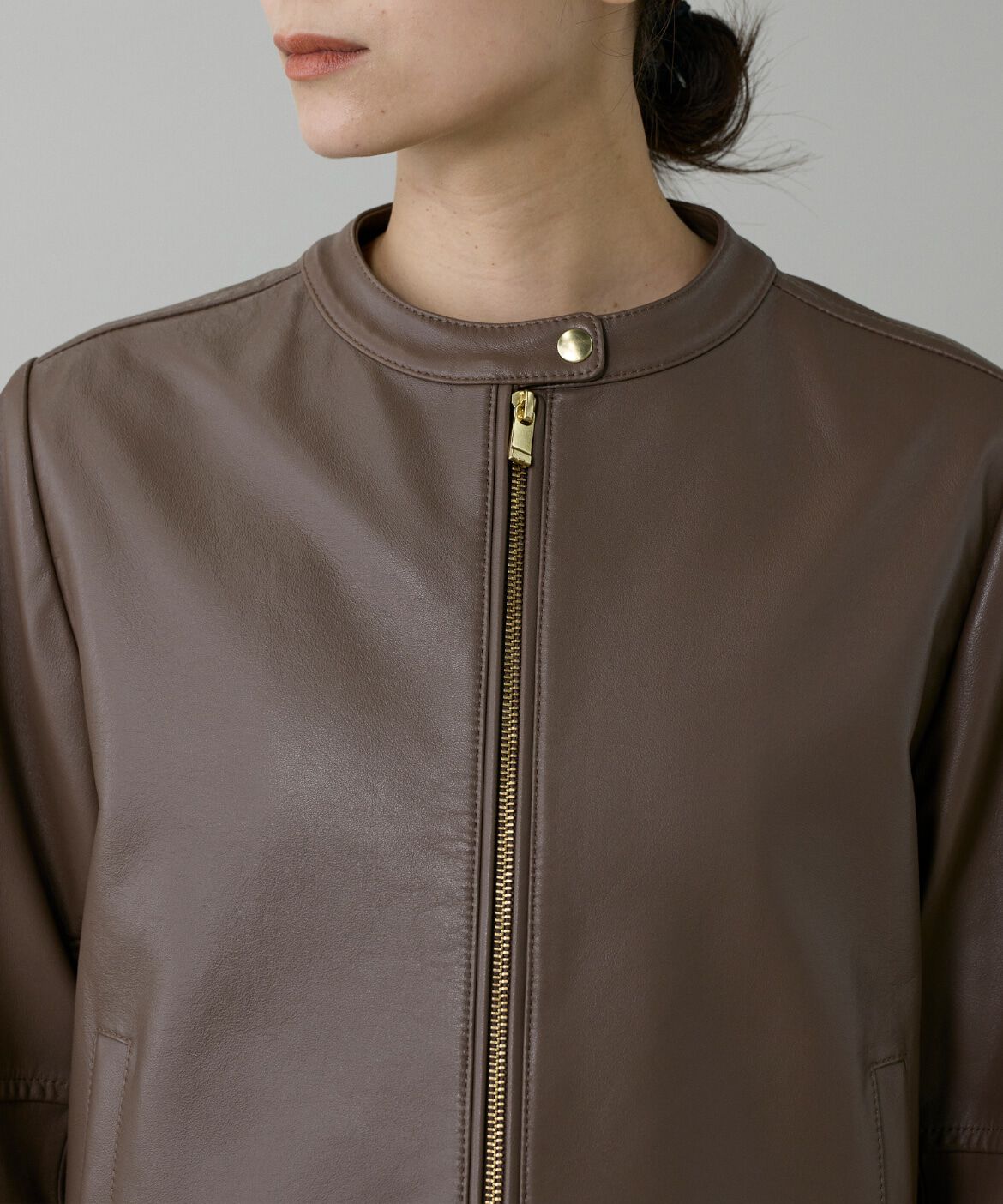 INED「《大きいサイズ》ラムレザー ジップアップブルゾン」|ライダースジャケット|