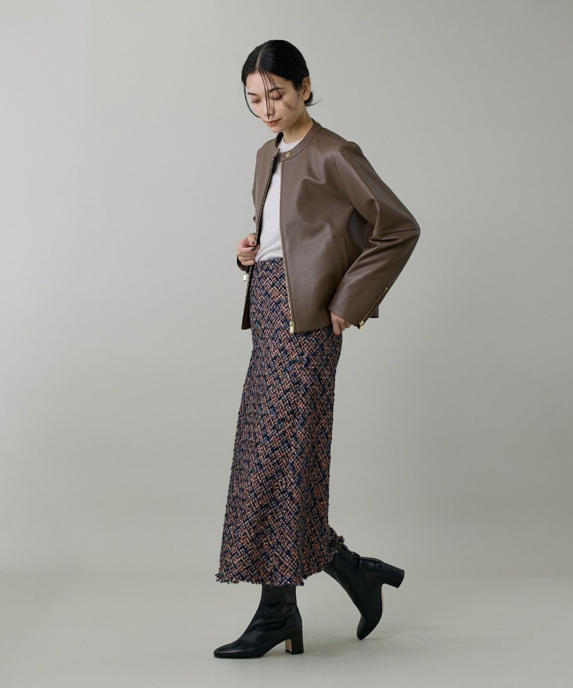 INED「《大きいサイズ》ラムレザー ジップアップブルゾン」|ライダースジャケット|