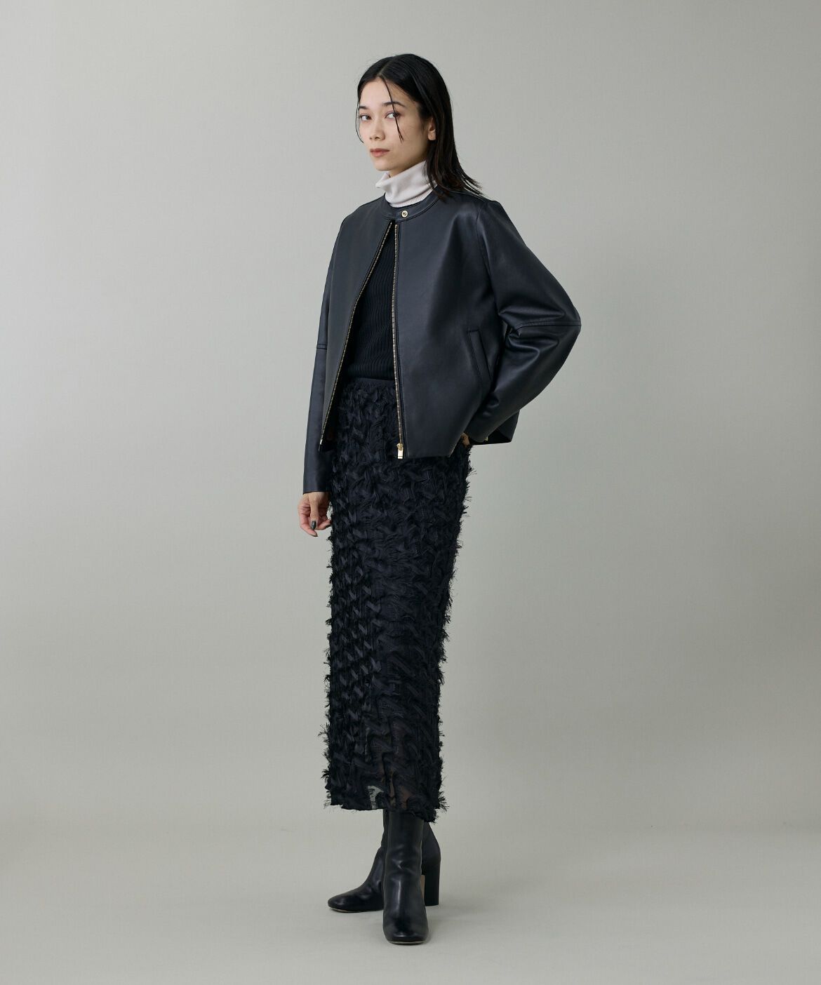 INED「《大きいサイズ》ラムレザー ジップアップブルゾン」|ライダースジャケット|