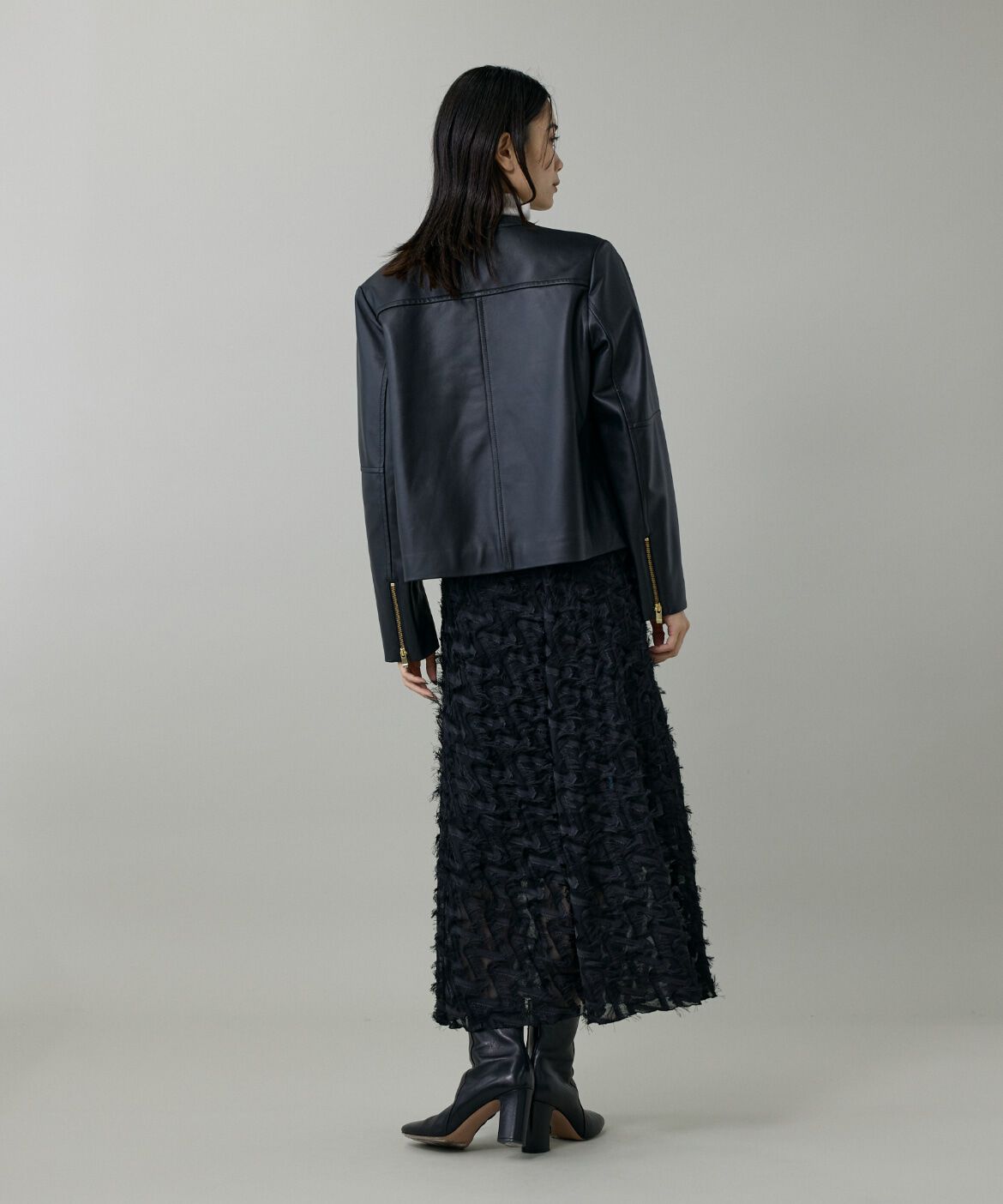 INED「《大きいサイズ》ラムレザー ジップアップブルゾン」|ライダースジャケット|