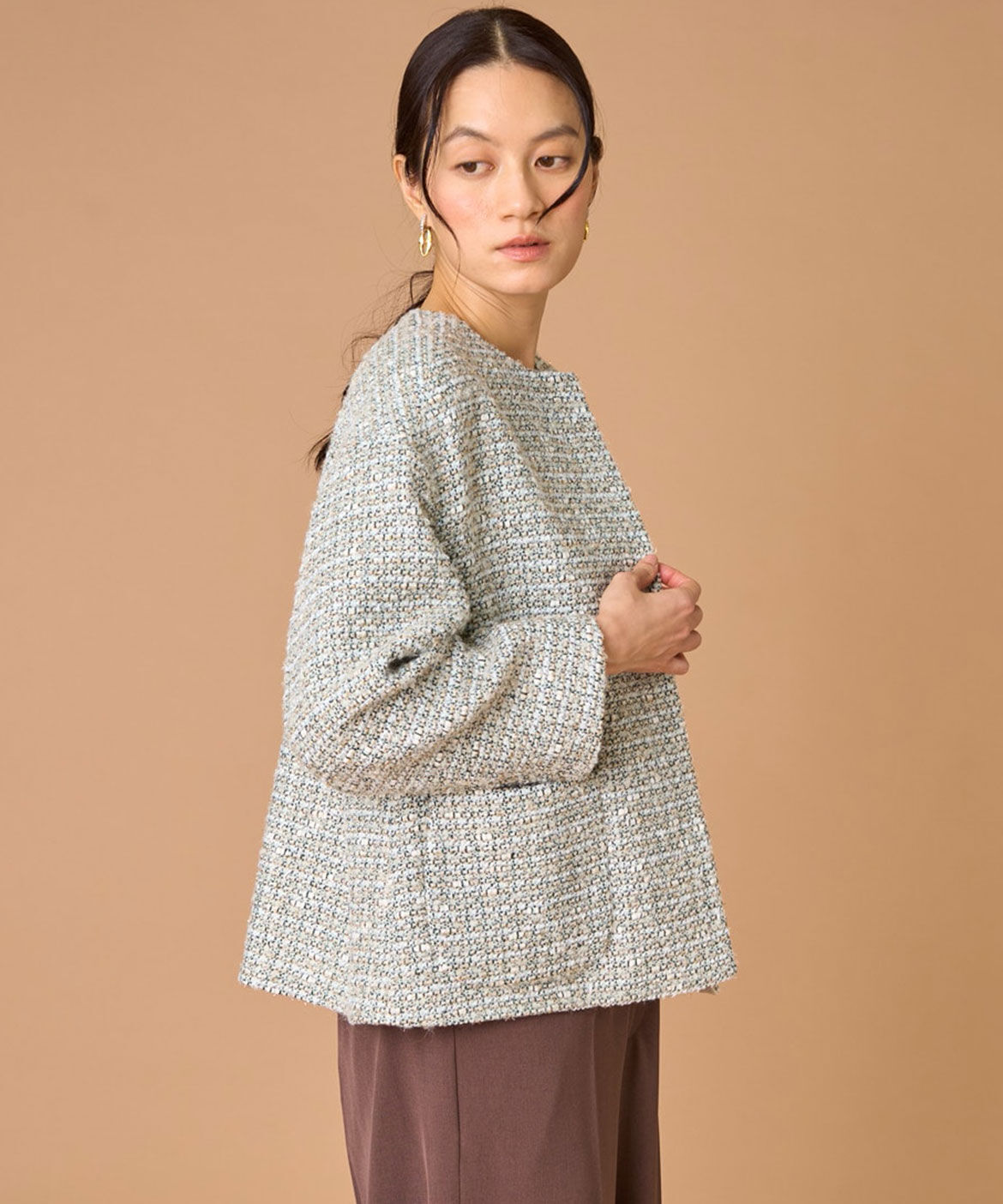 INED「ツイードジャケット《LINTON》」|ノーカラージャケット|