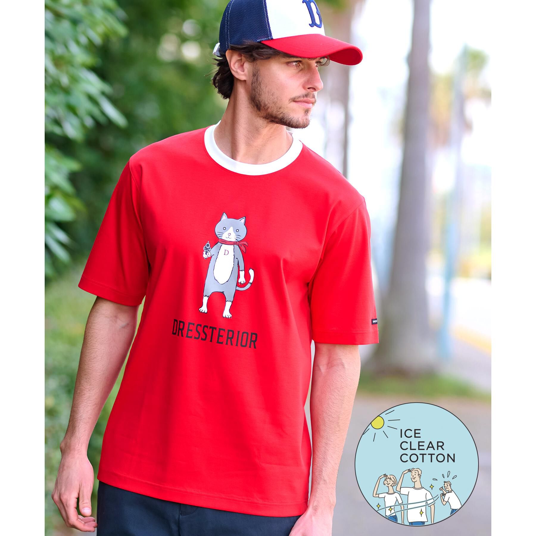 DRESSTERIOR「【接触冷感／抗菌防臭／消臭】ICE CLEAR COTTON キャットTシャツ」|Tシャツ・カットソー|レッド(062)