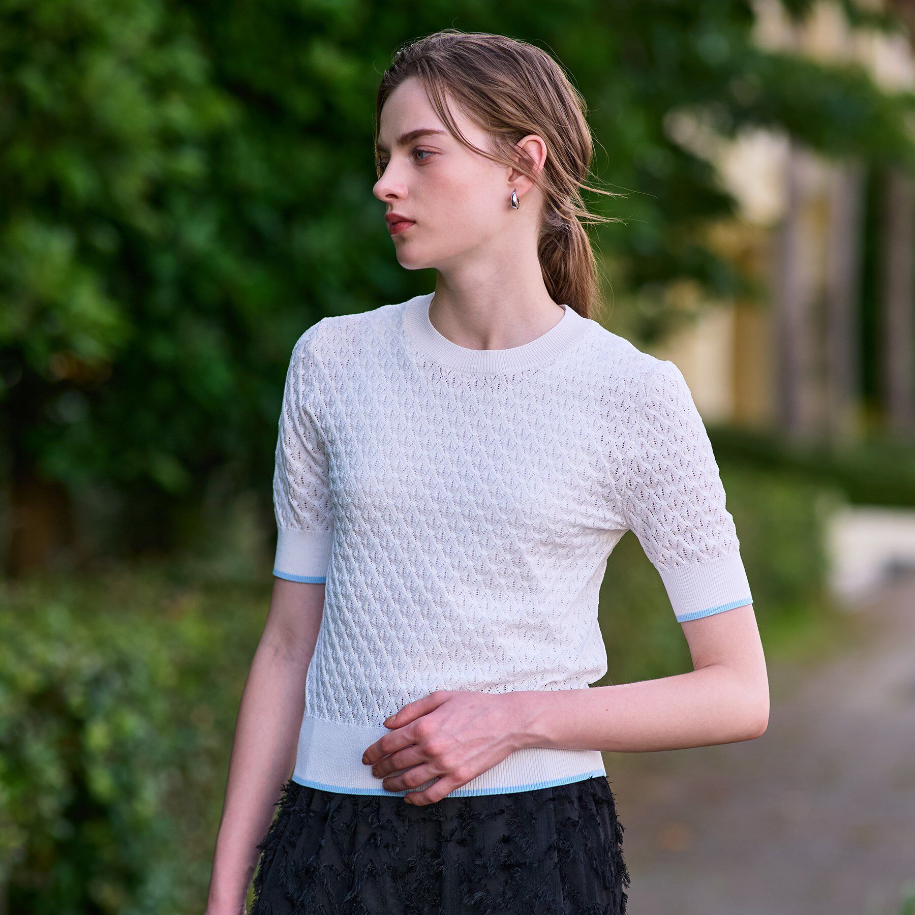 DRESSTERIOR「【6色展開/オンオフ】レース編みハーフスリーブニット」|ニット・セーター|