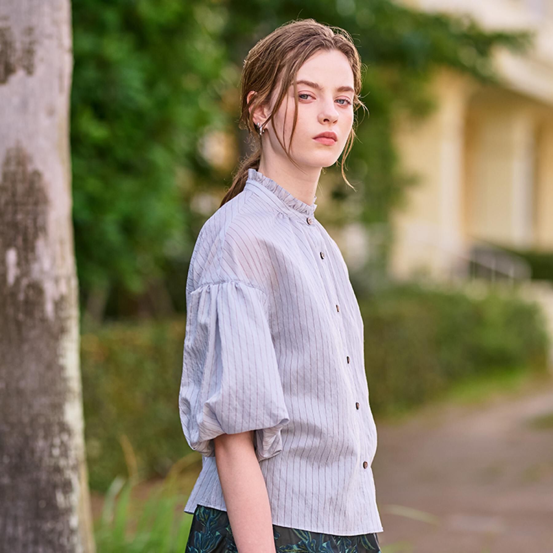 DRESSTERIOR「【洗える/前開き】ボリュームスリーブストライプブラウス」|シャツ・ブラウス|