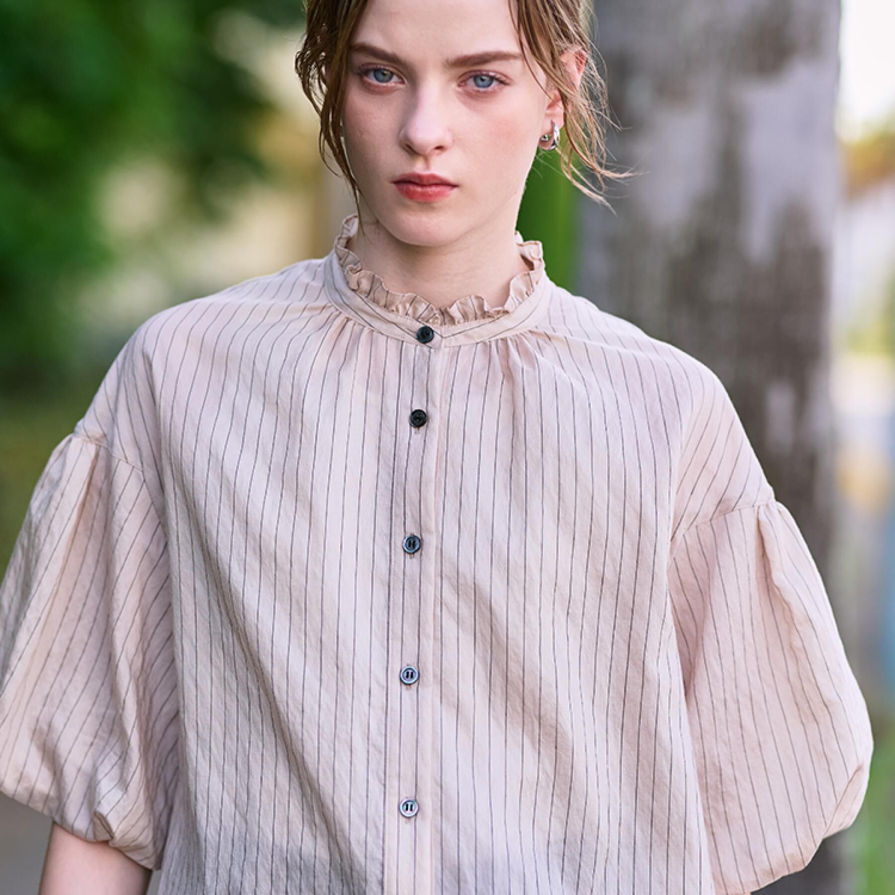 DRESSTERIOR「【洗える/前開き】ボリュームスリーブストライプブラウス」|シャツ・ブラウス|