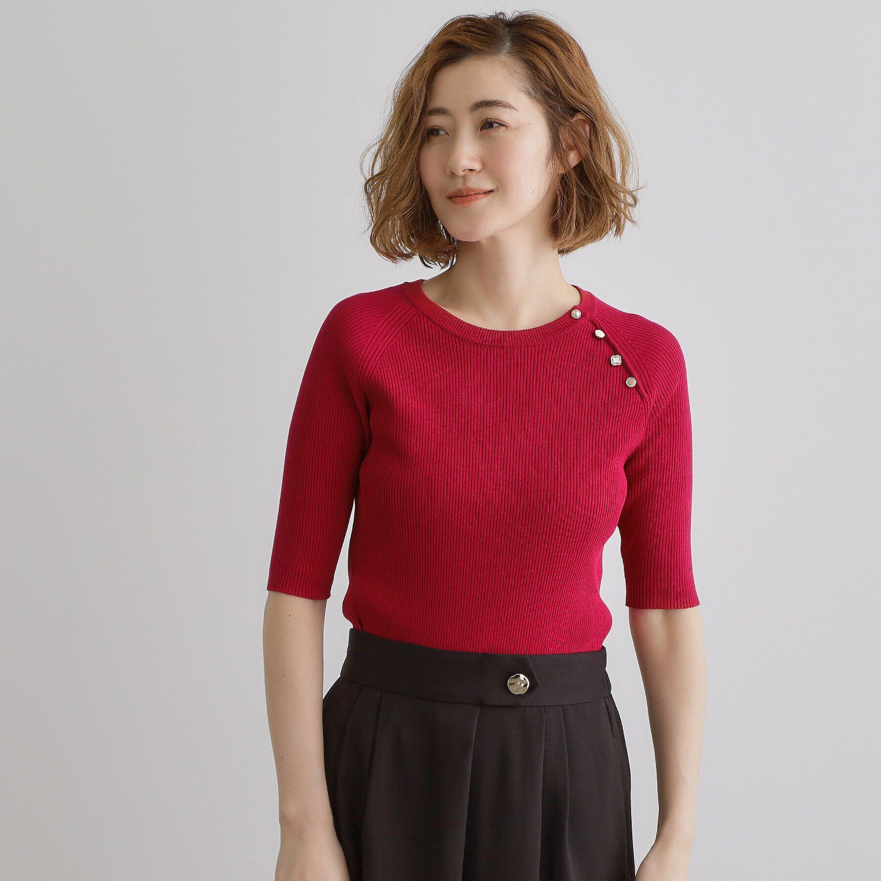 grove「【雑誌掲載】多釦ラグランリブ5分袖プルオーバー」|ニット・セーター|