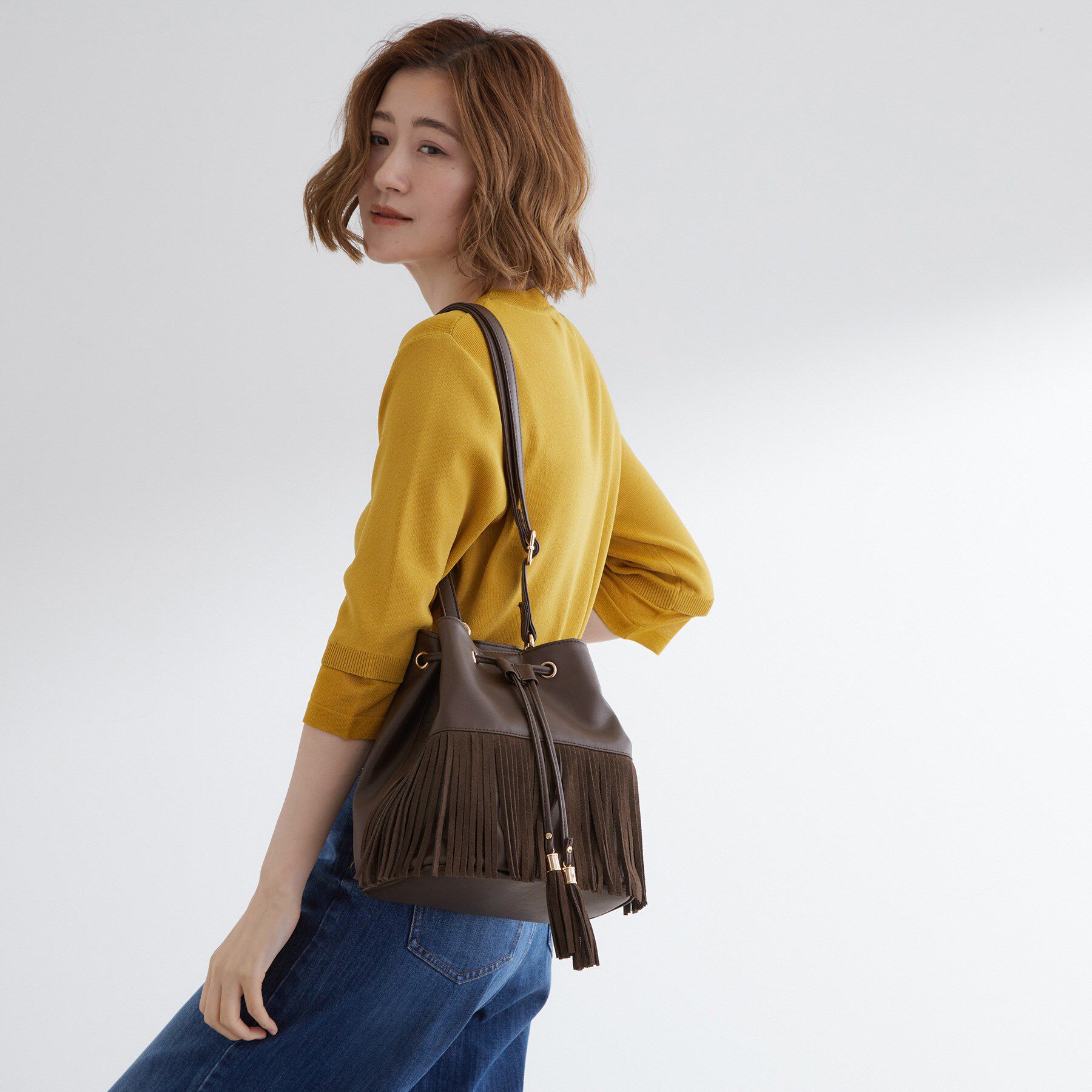 grove「スエードフリンジ巾着ショルダーバッグ」|ショルダー・メッセンジャー|ブラウン(043)