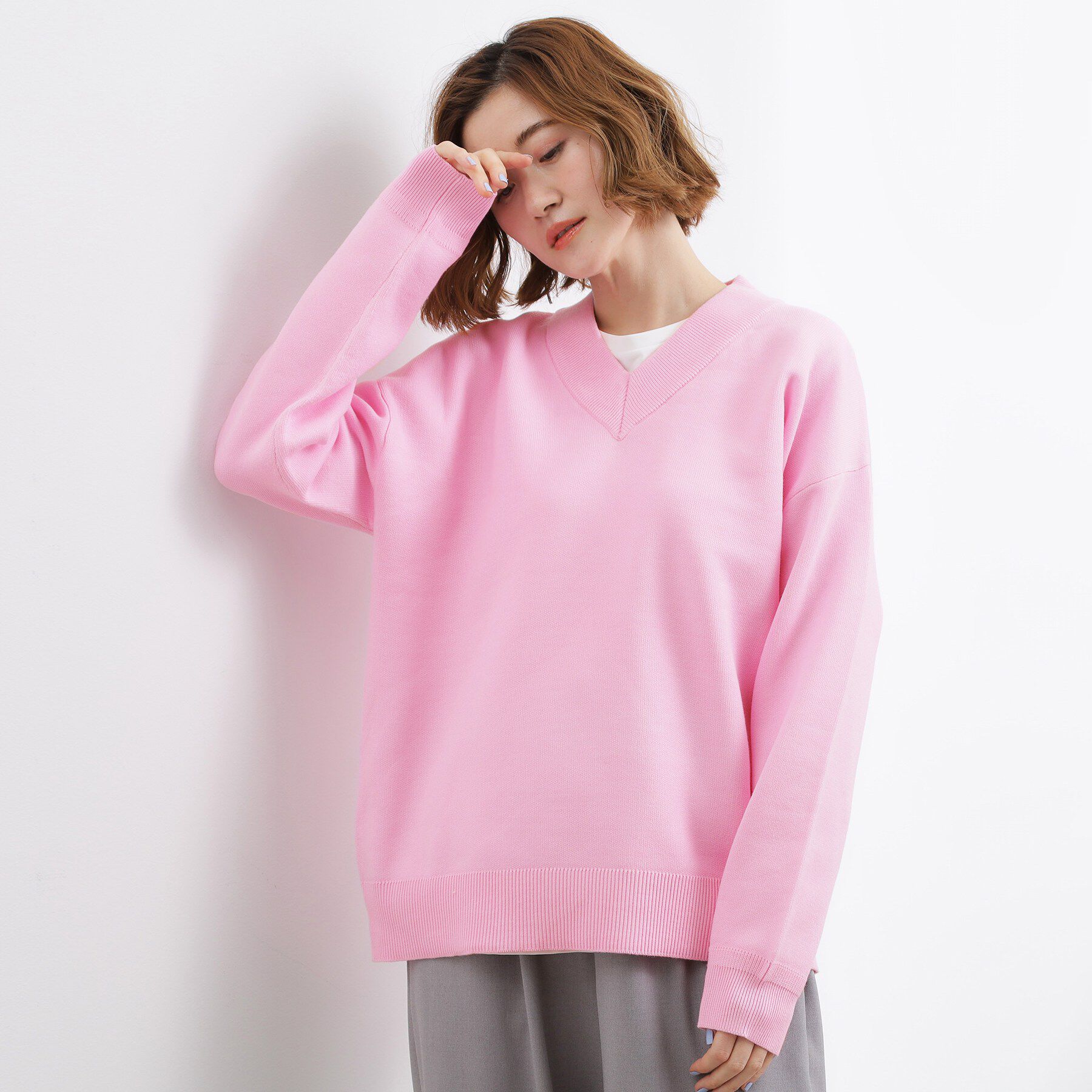 grove「ラフさときれいめを両立する、大人のスウェットライクVネックニット」|ニット・セーター|ピンク(071)