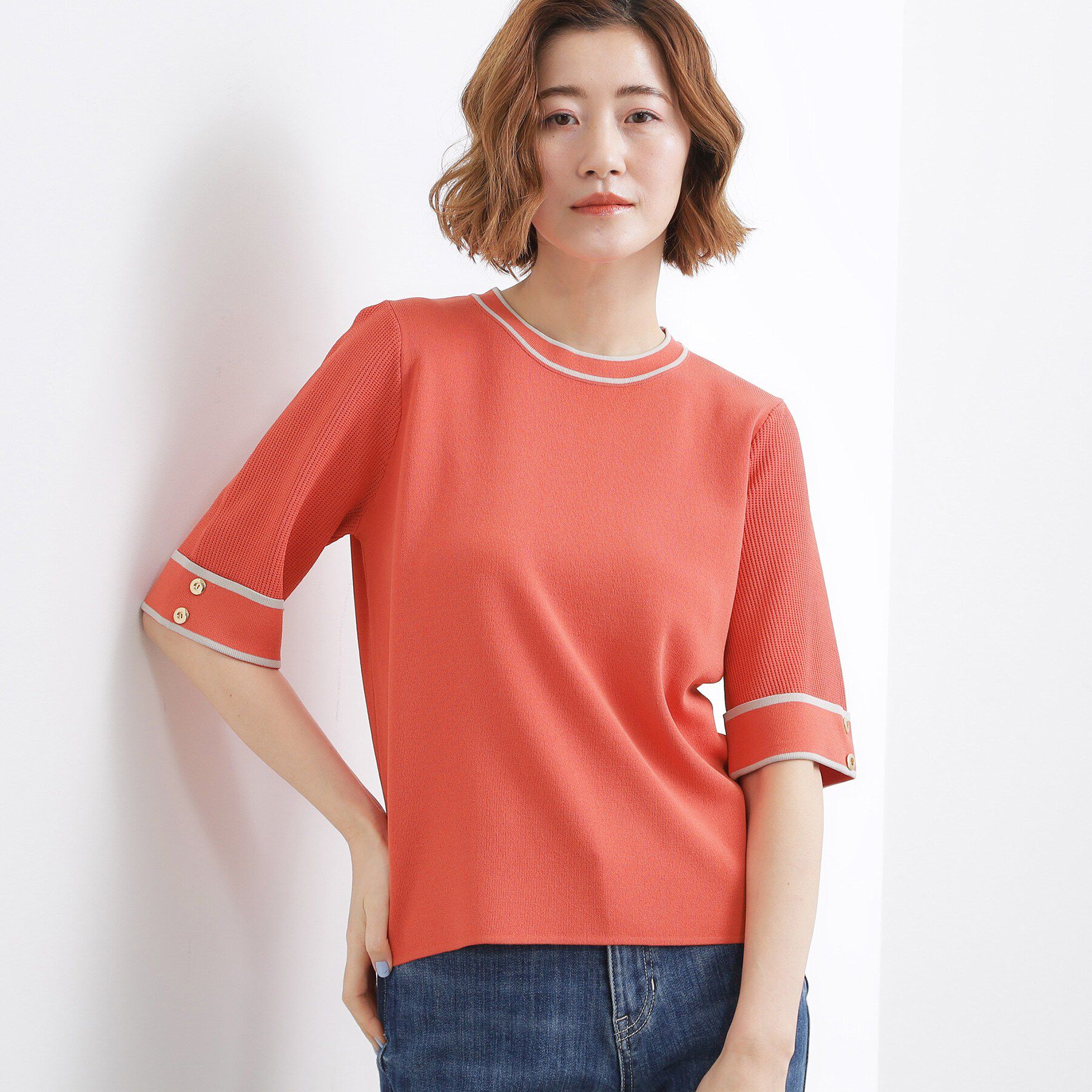 grove「【貴島明日香さん着用】やわらかドライタッチ 袖メッシュ編みニット」|ニット・セーター|レッド&times;グレージュ(