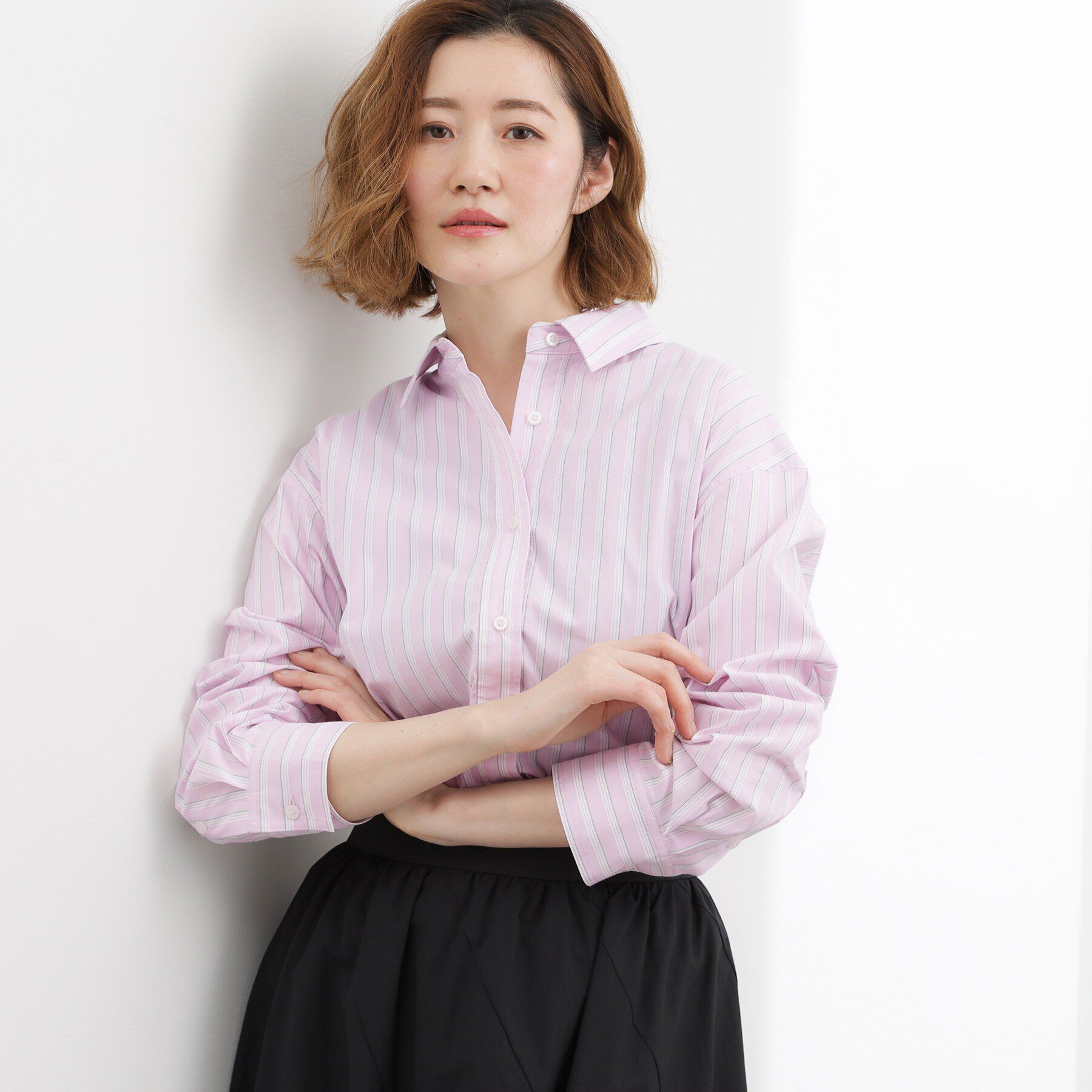 grove「【貴島明日香さん着用】一度着たら手放せない、驚きの伸びを備えたコットンナイロンストレッチシャツ」|シャツ・ブラウス|ピンクストライプ(3