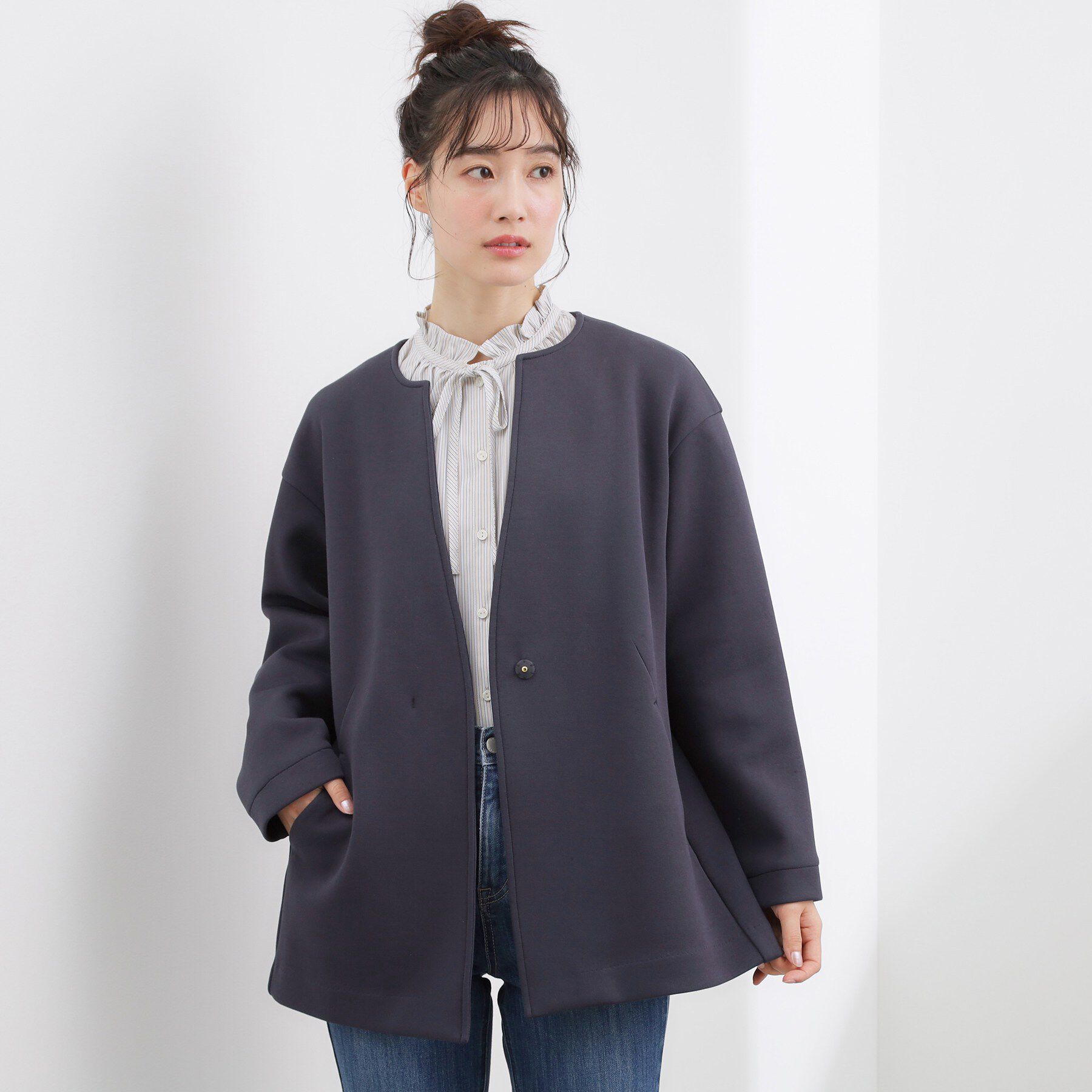 grove「しなやかな着心地で動きやすい、ダンボールジャージノーカラーコート」|ノーカラーコート|