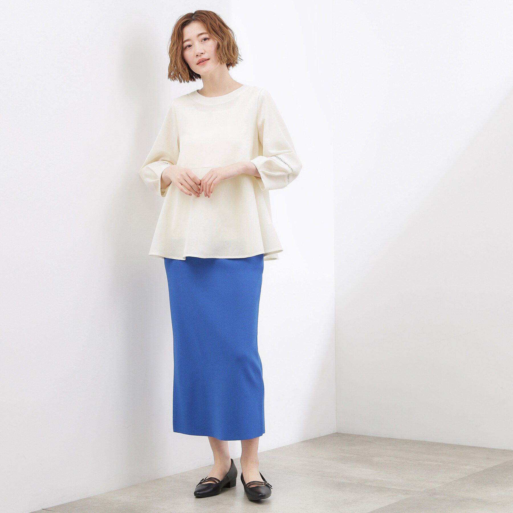 grove「【体型カバーも叶う】麻調メッシュランタンスリーブブラウス」|シャツ・ブラウス|