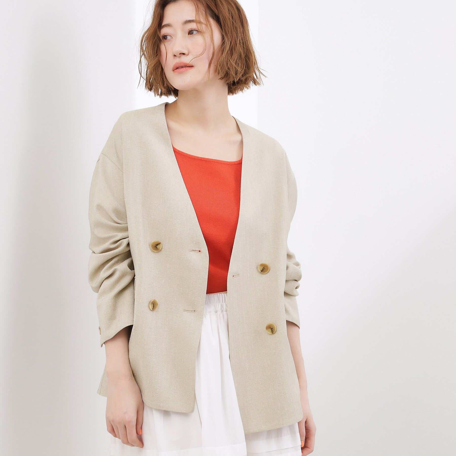 grove「【貴島明日香さん着用】リネンライクカラーレスジャケット」|ノーカラージャケット|ベージュ(052)