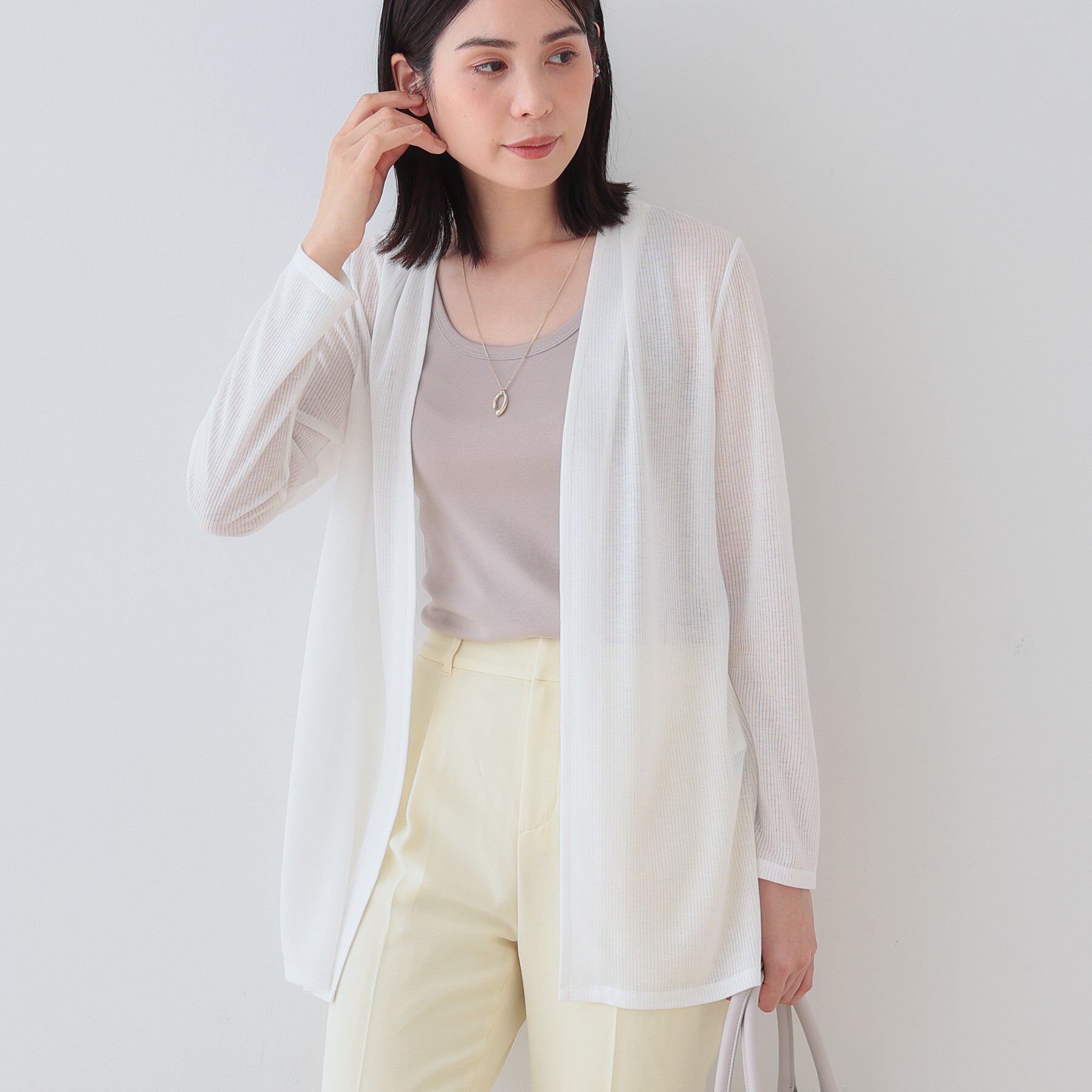 INDIVI「【洗える／シアーストライプ柄】着流しジャージカーディガン」|カーディガン|ホワイト(001)